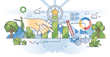 Etkili bir iş için performans yönetimi el konseptini özetliyor. Organizasyon verimliliği ve üretkenlik ölçümü vektör illüstrasyonu. Büyüme ve geliştirme analizi. Şirket karı.