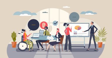 Adil sosyal eşitlik için iş yerinde çeşitlilik ve kapsama. Küçük insan konsepti. Çeşitli şirketler için çeşitli etnik, ırksal ve cinsiyet grupları. Ofis topluluk takımı.