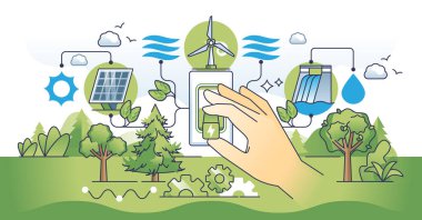 Temiz enerji değişimi ve yeşil enerji üretim el konseptini seçmek. Güneş, rüzgar ve hidroelektrik eko seçenekleri vektör illüstrasyonuyla yenilenebilir ve alternatif elektrik kaynakları.