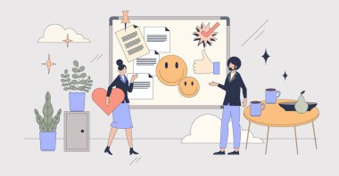 Çalışanların taahhüdü ve iş memnuniyeti küçük peron neubrutalizmi kavramı. İş mutluluğu, sadakat ve takdir vektörü illüstrasyonu için takım yönetimi. İnsan Kaynakları Yetki Kurulu