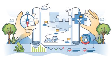 Kesin süreç planlamasına sahip veri yönetimi stratejisi el konseptini özetliyor. Güvenli bilgi depolama veya kullanım vektörü illüstrasyonu için bilgi yönetimi, düzenleme ve etkili organizasyon