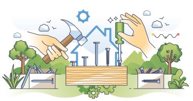 Marangozluk mesleği, el becerileri, el konsepti. Gayrimenkul inşaatı, bakım, onarım ve yenileme işleri için profesyonel tamirci. Tahta çiviler veya vidalar..