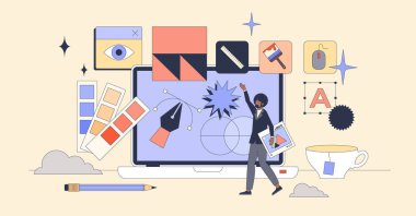 Grafik tasarım ve yaratıcı görsel sanat minik insan neubrutalizmi kavramı. Şirket markalaşması, logo oluşturma ve malzeme çizimi için web aracı. Kurumsal biçim sunumu.