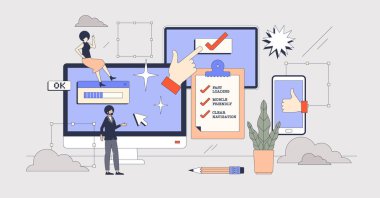 Kullanıcı deneyimi ya da UX en iyi web sitesi ufacık insan neubrutalizmi kavramını uyguluyor. Hızlı yükleme süresi, etkinliği veya net navigasyon vektör illüstrasyonuna sahip çeşitli aygıtlar için uygulama arayüzü