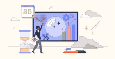 Veri öngören öngörüsel analitikler, küçük insan neugaddarlığı kavramını öngörüyor. Yatırım vektör illüstrasyonunda artış yüzdesi olan borsa tahmini. Bilgi işleme ve araştırma.