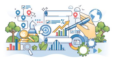 Şirket gelişimi için iş stratejisi planı el konseptini özetliyor. Kar büyümesi için başarı yönetimi ve finansal gelişim vektörü illüstrasyonu. Verimlilik için şirket liderliği.