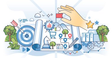 Pazarın satış stratejileri için marka konumlandırma stratejileri el konsepti. Ürün farkındalığı, şirket reklamları ve reklam kampanyası planlama vektörü illüstrasyonu. Müşteri stratejisi.