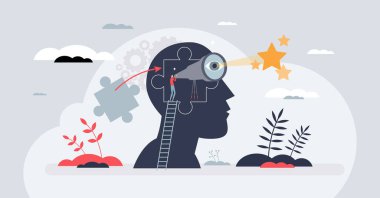 Gelecekteki strateji için öngörü ve seziler küçük insan konsepti planlıyor. Geleceği tahmin edebilme ve ileri görüşlü vektör illüstrasyonuyla akıllıca seçimler yapabilme yeteneği. Başarı ve başarı arayışı.