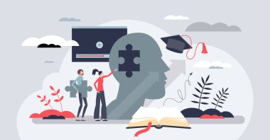 Öldürme ve çalışma yeterliliği küçük insan konseptini geliştirir. Eğitim geliştirme ve öğrenme ve vektör illüstrasyonunda beceri geliştirme. Çalışma yeterliliğinin artması için çalış.