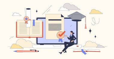 Resmi eğitim programı ile akredite edilmiş çevrimiçi kurslar minik insan neugaddarlığı konsepti. Web vektör illüstrasyonunda akademik platform için güven ve kalite onayı. Dijital uzaktan öğrenme sistemi.
