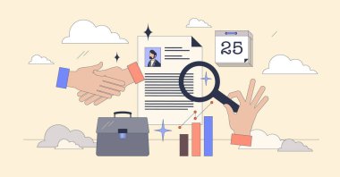 Personel yönetimi için insan kaynakları subayı. Küçük insan neugaddarlığı konsepti. Personel ve işgücü aday işe alma süreci CV araştırması ve başarılı iş görüşmesi vektör ilülasyonu.