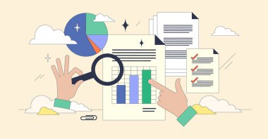 Belge analizi ya da bilgi raporları küçük neubrutalizm kavramını araştırıyor. Detaylı veri araştırması ve profesyonel inceleme vektör illüstrasyonu içeren dosyalar analiz ediliyor. İş evrakları kontrolü