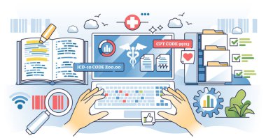 Medical coding training and healthcare billing coder studies outline hands concept. Learning CPT and ICD alphanumeric codes for clinical procedures, treatments and diagnosis vector illustration. clipart