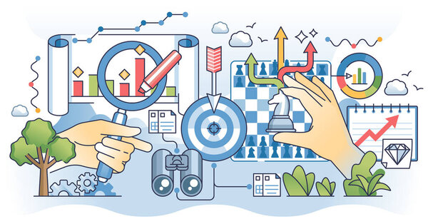 Конкурентный анализ с бизнес-маркетинговых исследований наметить руки концепции. Стратегия развития и роста компании с эффективной иллюстрацией вектора тактики. Прогнозирование будущей рыночной прибыли.