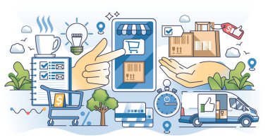 Çevrimiçi alışveriş ve perakende satış mağazası el konsepti ürünleri satın alma. İnternet müşterileri için dağıtım ve ödeme seçenekleriyle birlikte dijital e-ticaret pazarı satın alımı.