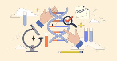 DNA dizisi analizleriyle yapılan genetik testler küçük neugaddarlık kavramları. Hastalıklar için biyoteknolojik araştırma öngörüsü ve olası sağlık durumunun erken safhalar vektör illüstrasyonundan önlenmesi