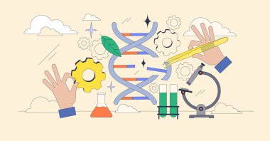 Genetik mühendisliği DNA dizilimi olarak ve küçük neubrutalizm konseptini düzenlemek için. Gen klonlama ve araştırma vektörü illüstrasyonuyla biyoteknolojik süreç. Bilimsel sarmal genom yapısı araştırması.