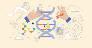 Moleküler biyoloji ve biyoteknoloji bilimi küçük neugaddarlık kavramını inceliyor. Genetik DNA sarmal araştırması, mutasyonlar ve bilimsel yenilikler için dizileme veya yapay düzenleme vektör illüstrasyonu.