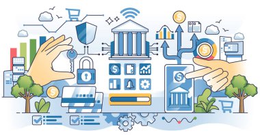 Para transferi için açık bankacılık başvurusu el konsepti. Güvenli ve güvenli finansal veri paylaşım vektör çizimi için uygulama programlama arayüzleri. Açık kaynak finans yazılımı.