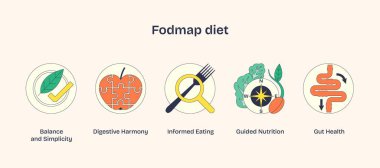 Fodmap diyet simgeleri dengeyi, sindirim uyumunu ve bilgilendirilmiş yiyeceği gösterir. Neugaddarlık tarzı