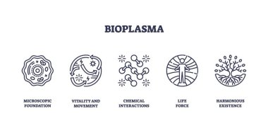 Bioplazma ikonları mikroskobik temelleri, canlılığı ve kimyasal etkileşimleri tasvir eder. Taslak simgeleri ayarlandı.