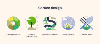 Bahçe tasarımı simgeleri palet, büyüme ve araçları Neubrutalizm tarzında tasvir eder.