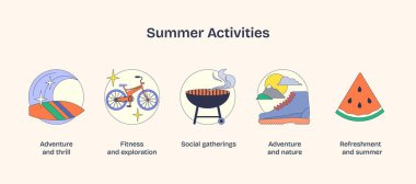 Summer activities include biking, grilling, and hiking, depicted in vibrant, bold icons. Neubrutalism style clipart