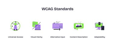 WCAG Standartları simgeleri evrensel erişim, görsel berraklık ve adaptasyon gösteriyor. Oyuncu biçim simgeleri