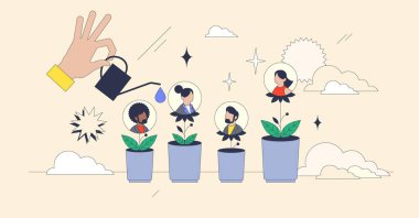 Developing talent through nurturing hands, featuring plants, people, and watering can. Neubrutalism hands concept clipart