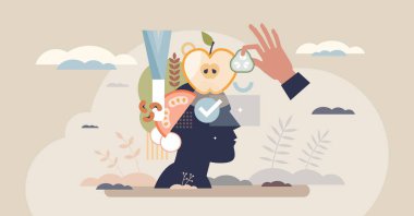 Özenli yemek, yiyeceğin farkındalığı ve takdir edilmesine odaklanır. Anahtar nesneler, baş silueti, meyveler, el. Küçük biçim