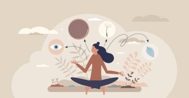 Farkındalık meditasyon, doğa ve sakinlik sembolleriyle tasvir edilir, sükuneti ve odaklanmayı vurgular. Küçük biçim