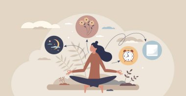 Uyku ritüelleri bitki ve saat gibi elementlerle meditasyona ve gevşemeye odaklanır. Küçük biçim.