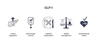 GLP-1 insülin düzenlemesi, iştah kesme ve ağırlık yönetimi üzerine odaklanır. Doodle biçim simgeleri.