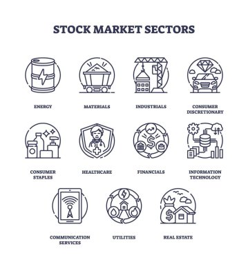 Stock market sectors visualized with outline icons. Key objects, energy, healthcare, real estate. Outline icons set. clipart