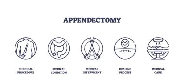 Apandisit ameliyatı cerrahi aletler, kolon, makas, dikiş yarası ve hastane yatağı gibi ana hatlarıyla gösterilir. Taslak simgeleri ayarlandı