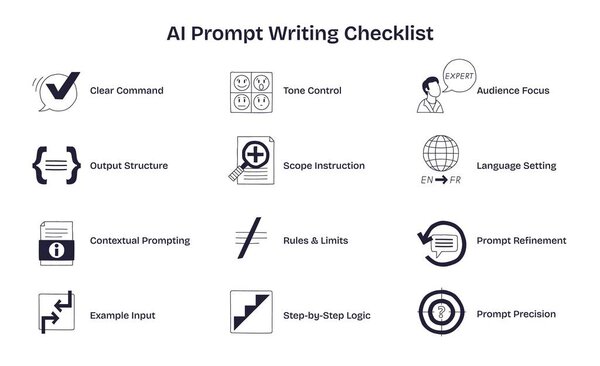 AI prompt writing checklist shows key steps like clear command, tone control, and output structure for effective prompt creation. Doodle style diagram