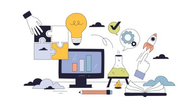 BTMM eğitimi yenilik, bilim ve teknolojiyi temsil eden bir bilgisayar, ampul ve matara ile resmedilmiştir. Doodle tarzı