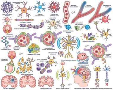 Nöropatoloji ve beyin sağlığı kavramları, nöronlar, beyin hücreleri ve sinapslar ile net bir anahat tarzında gösterilir. Taslak biçim koleksiyonu