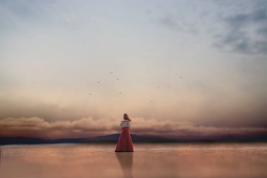 traveler woman looks in admiration at the fabulous sky in front of her, abstract concept