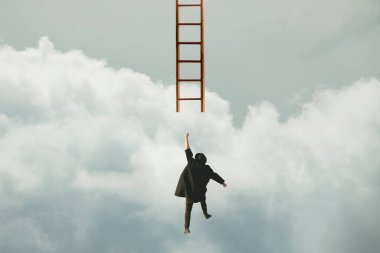 surreal man tries to catch a ladder to reach the sky, concept of business and success