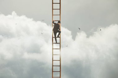 surreal man tries to reach the sky with a ladder fearfully looking down, the concept is business and success