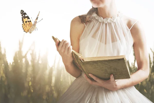 Surreal Encounter Meadow Woman Reading Book Butterfly Abstract Concept — Stock Photo, Image