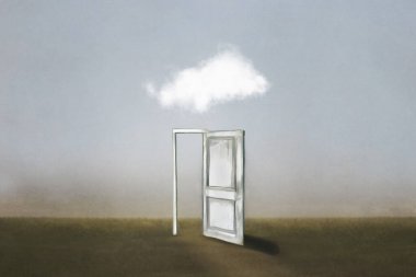 Doğanın ortasında üstü açık bir kapı, üstünde bir bulutla.