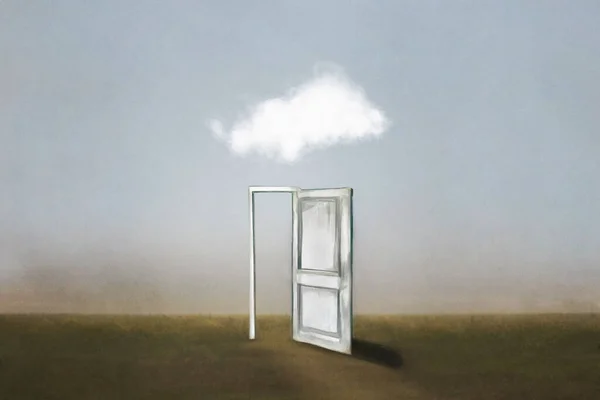 Surrealistyczne Otwarte Drzwi Środku Natury Chmurą Nad — Zdjęcie stockowe