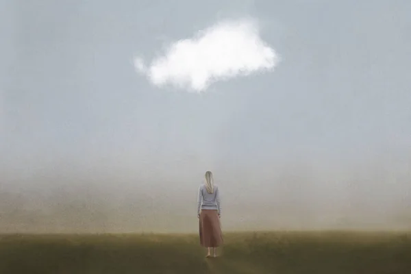 Donna Surreale Che Cammina Prato Con Una Nuvola Sopra Lei — Foto Stock