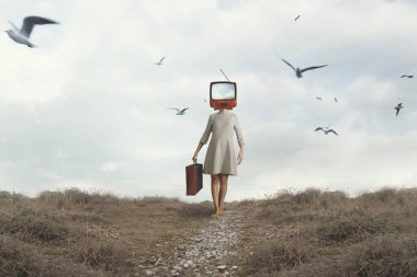 surreal woman with her head hidden by a tv projecting a sky and birds flying around free clipart