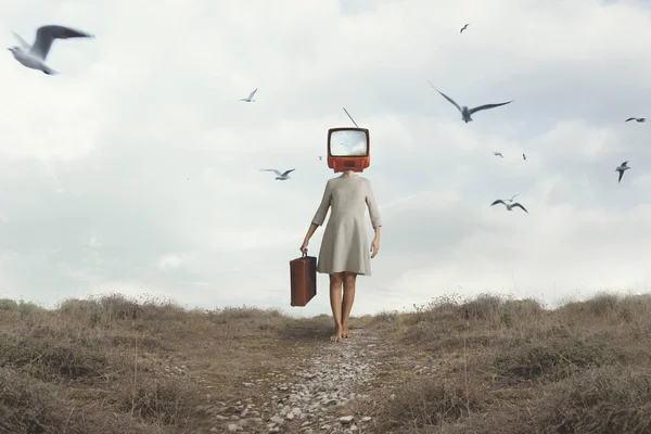 一个超现实的女人 她的头被一个投射在天空的电视和自由飞翔的鸟儿遮掩着 — 图库照片