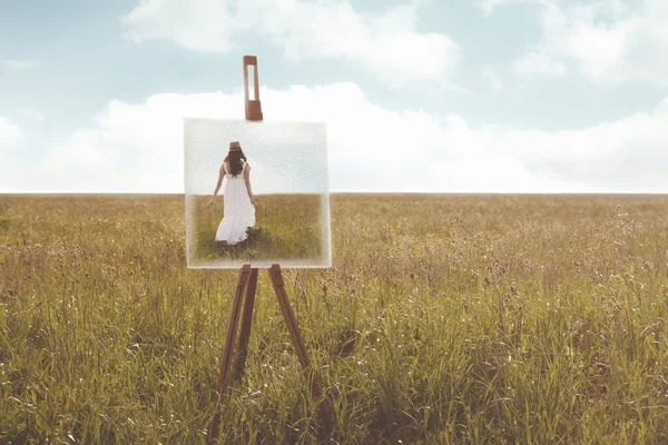 Kvinna Surreally Inne Målning Äng Abstrakt Begrepp — Stockfoto
