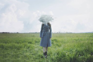 Gerçeküstü bulut bir kadının gözünün önünde uçar onu saklar, soyut bir kavram.