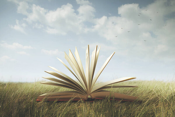 Surreal open book ready to be read in a wild meadow